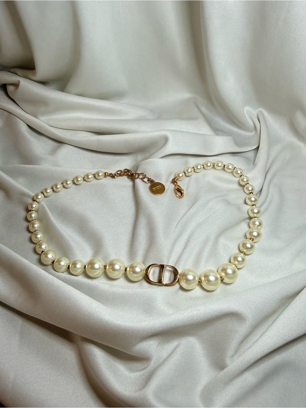 Dior Cream Pearl Necklace with Gold Dior Detail